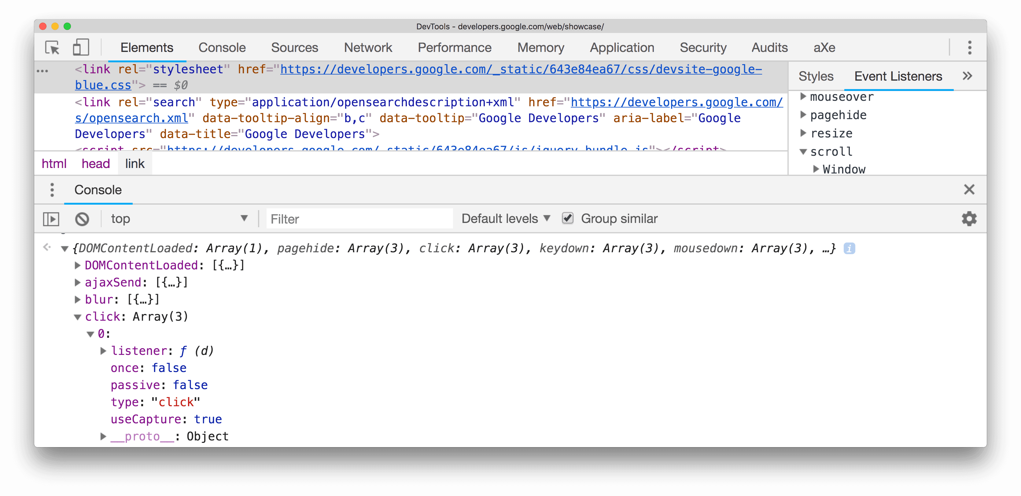 Expanded view of listener object