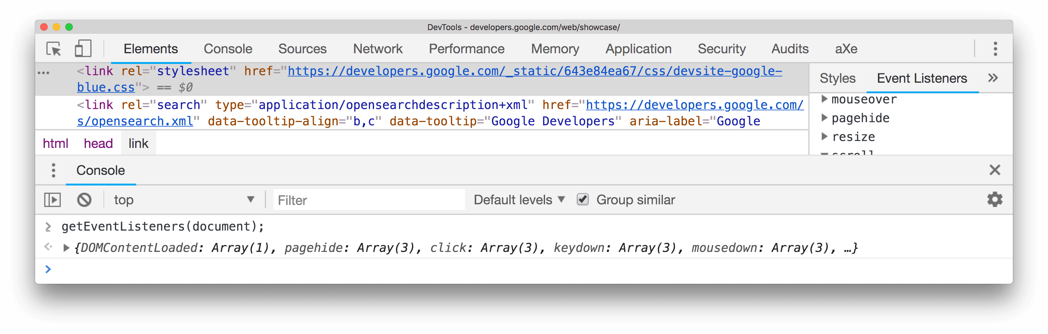 Output of using getEventListeners()